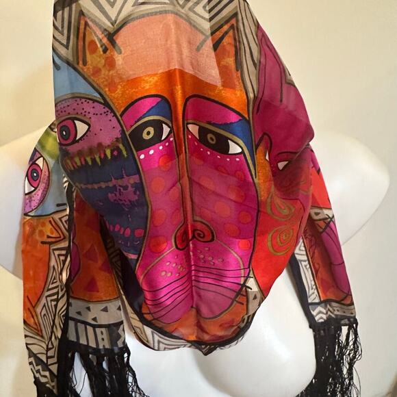 Laurel Burch Tribal Felines 100% Silk Scarf Black Fringe Cat Scarf - Picture 5 of 6